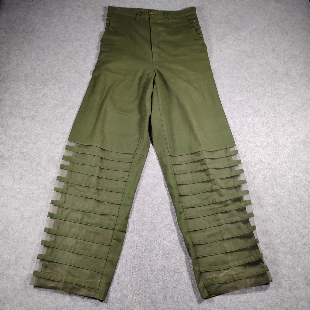 Vintage Olive Green Mesh Cutout Wide Leg Trousers High Rise Tactical Pants 28